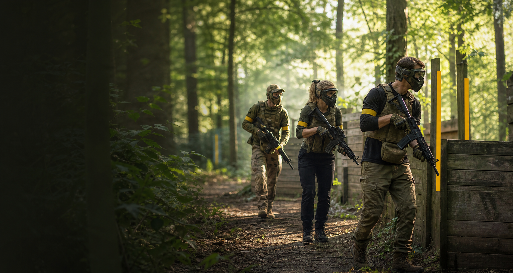 Airsoft-Spieler auf einem markierten Waldspielfeld